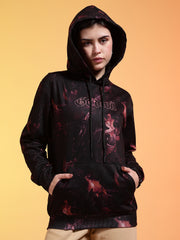 Go Devil Black Womens Dark Leaf Print Hoodie
