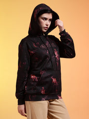 Go Devil Black Womens Dark Leaf Print Hoodie