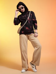 Go Devil Black Womens Dark Leaf Print Hoodie