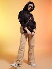 Go Devil Black Womens Dark Leaf Print Hoodie