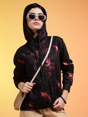Go Devil Black Womens Dark Leaf Print Hoodie