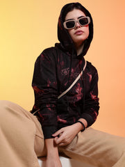 Go Devil Black Womens Dark Leaf Print Hoodie