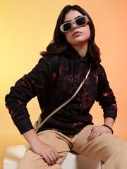 Go Devil Black Womens Dark Leaf Print Hoodie