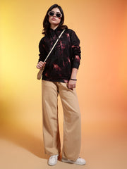 Go Devil Black Womens Dark Leaf Print Hoodie