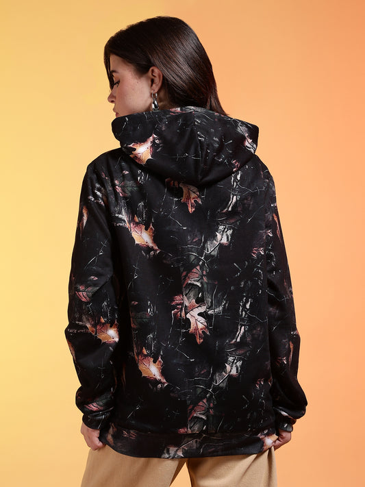 Go Devil Printed Black Womens Leaf Print Hoodie