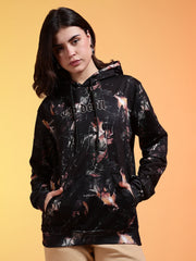 Go Devil Printed Black Womens Leaf Print Hoodie