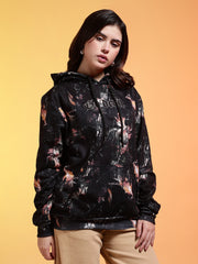 Go Devil Printed Black Womens Leaf Print Hoodie