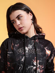 Go Devil Printed Black Womens Leaf Print Hoodie