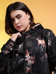 Go Devil Printed Black Womens Leaf Print Hoodie
