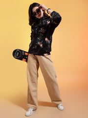 Go Devil Printed Black Womens Leaf Print Hoodie