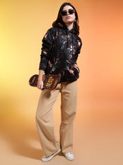 Go Devil Printed Black Womens Leaf Print Hoodie