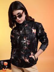 Go Devil Printed Black Womens Leaf Print Hoodie