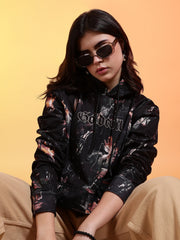 Go Devil Printed Black Womens Leaf Print Hoodie