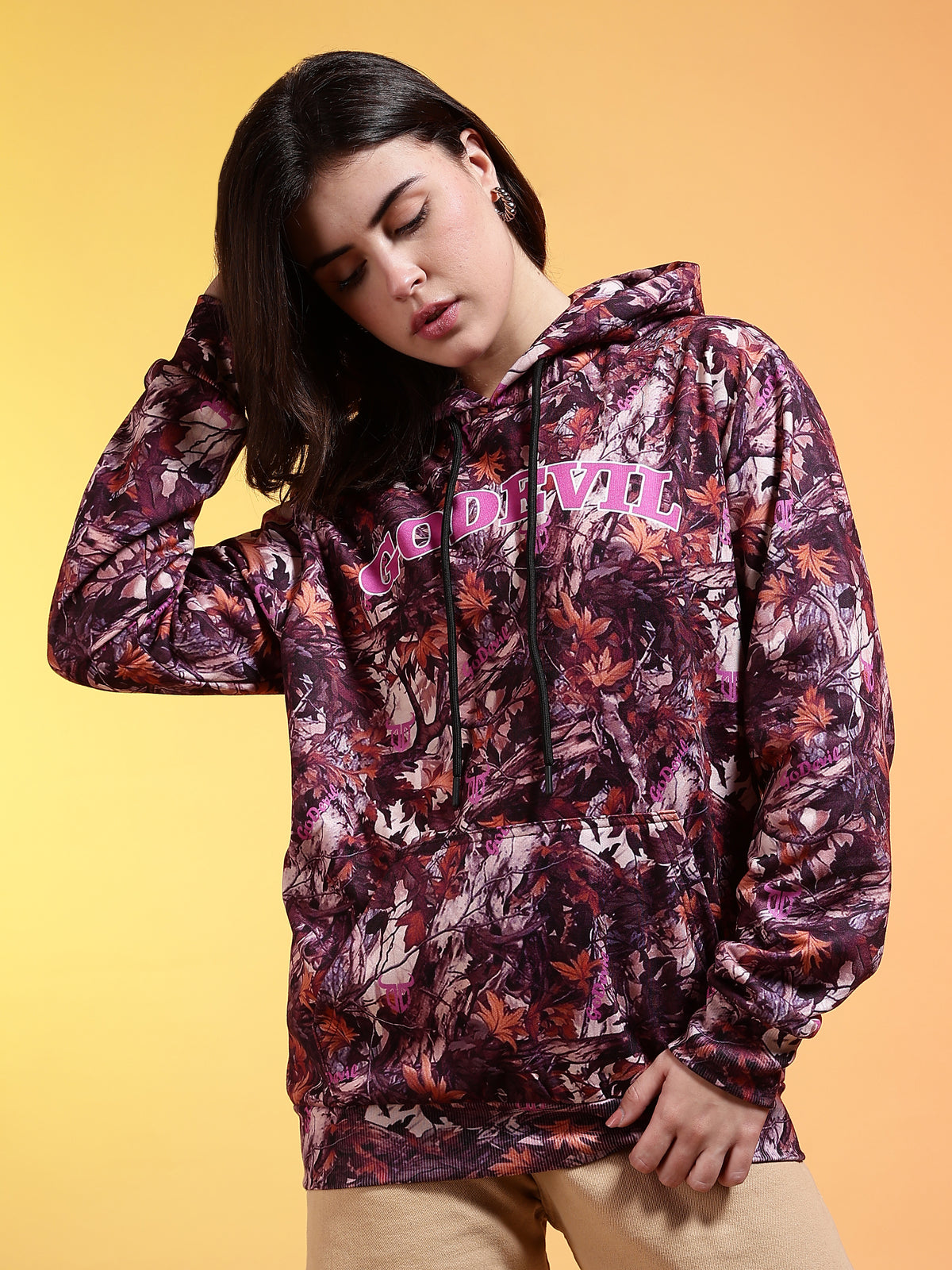 Go Devil Womens Autumn Leaf Print Hoodie