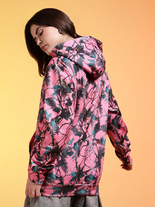 Go Devil Womens Pink Forest Print Hoodie