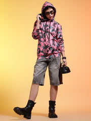 Go Devil Womens Pink Forest Print Hoodie