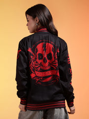 Go Devil Womens Black Bomber Varsity Jacket with Red Graphic Print
