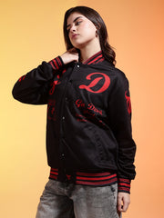 Go Devil Womens Black Bomber Varsity Jacket with Red Graphic Print
