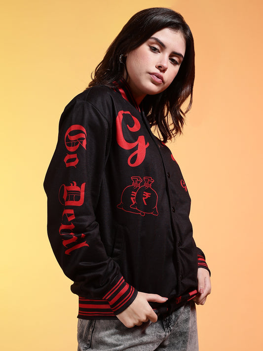 Go Devil Womens Black Bomber Varsity Jacket with Red Graphic Print