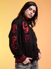 Go Devil Womens Black Bomber Varsity Jacket with Red Graphic Print