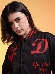 Go Devil Womens Black Bomber Varsity Jacket with Red Graphic Print