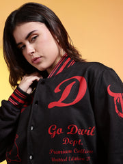 Go Devil Womens Black Bomber Varsity Jacket with Red Graphic Print