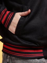 Go Devil Womens Black Bomber Varsity Jacket with Red Graphic Print