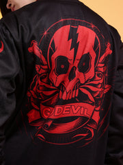 Go Devil Womens Black Bomber Varsity Jacket with Red Graphic Print