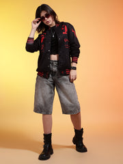 Go Devil Womens Black Bomber Varsity Jacket with Red Graphic Print