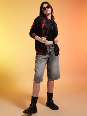 Go Devil Womens Black Bomber Varsity Jacket with Red Graphic Print