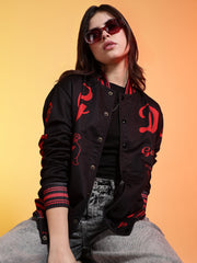 Go Devil Womens Black Bomber Varsity Jacket with Red Graphic Print