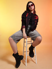 Go Devil Womens Black Bomber Varsity Jacket with Red Graphic Print