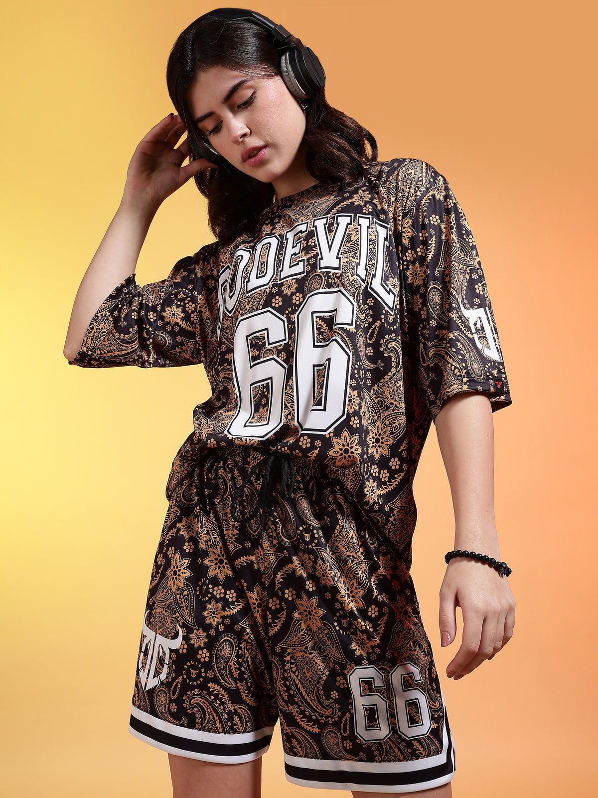 Go Devil 66 Printed Beige & Black Paisley Co-ord Set For Women's