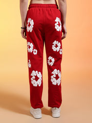 Go Devil White Floral Printed Red Womens Hooded Co-ord Set