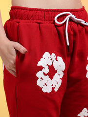 Go Devil White Floral Printed Red Womens Hooded Co-ord Set
