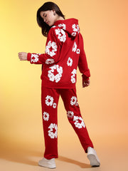 Go Devil White Floral Printed Red Womens Hooded Co-ord Set