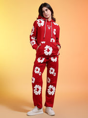 Go Devil White Floral Printed Red Womens Hooded Co-ord Set