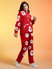 Go Devil White Floral Printed Red Womens Hooded Co-ord Set