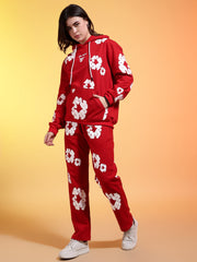 Go Devil White Floral Printed Red Womens Hooded Co-ord Set