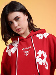 Go Devil White Floral Printed Red Womens Hooded Co-ord Set