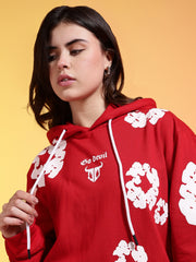 Go Devil White Floral Printed Red Womens Hooded Co-ord Set