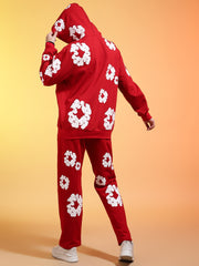 Go Devil White Floral Printed Red Womens Hooded Co-ord Set