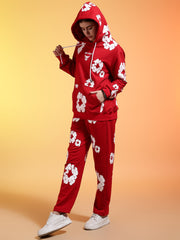 Go Devil White Floral Printed Red Womens Hooded Co-ord Set