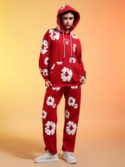 Go Devil White Floral Printed Red Womens Hooded Co-ord Set
