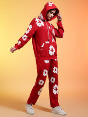 Go Devil White Floral Printed Red Womens Hooded Co-ord Set