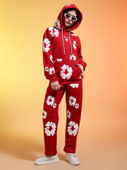 Go Devil White Floral Printed Red Womens Hooded Co-ord Set