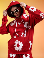 Go Devil White Floral Printed Red Womens Hooded Co-ord Set