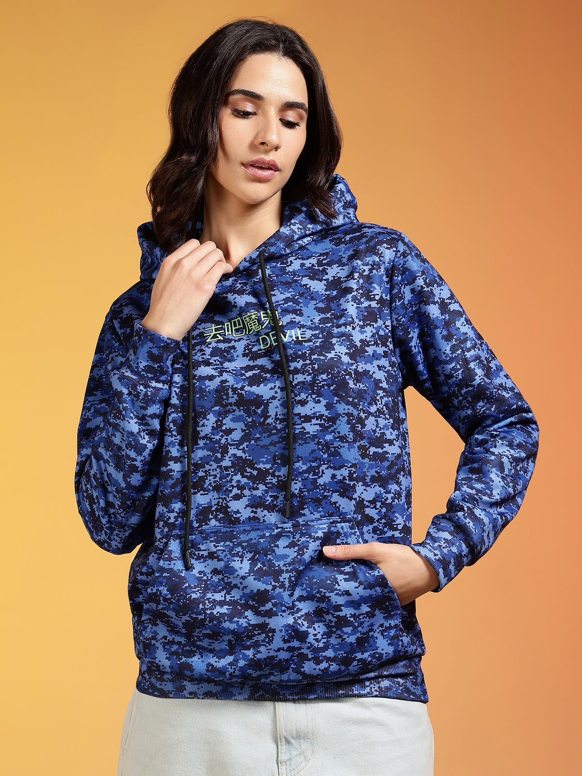 Go Devil Blue Digital Camo Printed Winter Hoodie For Women