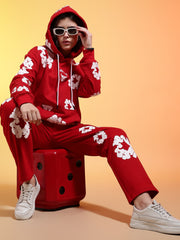 Go Devil White Floral Printed Red Womens Hooded Co-ord Set