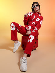 Go Devil White Floral Printed Red Womens Hooded Co-ord Set